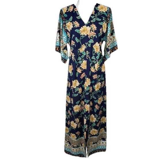 Chico's Navy Floral Maxi Dress Kimono Sleeve Boho Coastal 4 (U.S Plus Sz 18-20) - Picture 4 of 12